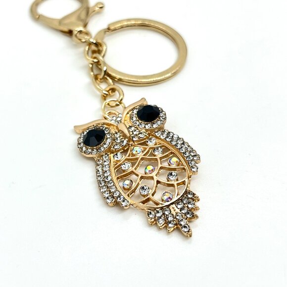 3/$30 GOLD OWL KEYCHAIN RHINESTONE CRYSTAL BLACK EYES BAG CHARM GIFT BLING NWT - Picture 6 of 11